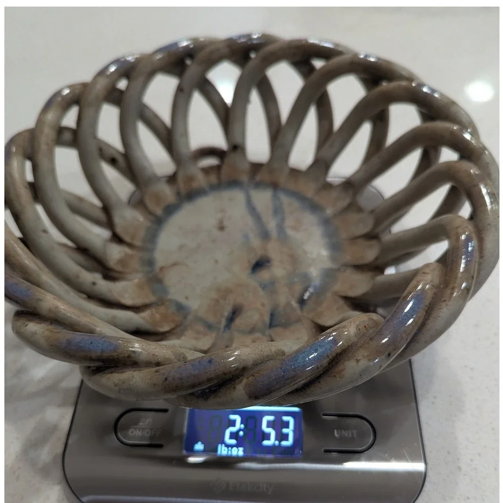 Studio Pottery Woven Lattice Basket Bowl Tan Blue Glaze Braided Ceramic 9 inch